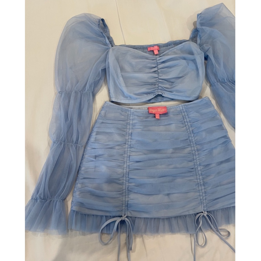 Sugar Thrillz Blue Ruched Tulle Crop Top & High Waisted Tulle Skirt Set
